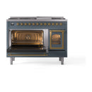 Blue grey dual fuel range with brass trim; left oven open and right oven door closed.