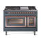 ILVE Nostalgie II Noblesse 48-Inch 5.02 Cu. Ft. Dual Oven Propane Gas Dual Fuel Range with 8 Burners, Griddle and Triple Glass Door in Blue Grey with Copper Trim (UN48FNMPBGPLP)