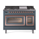 Blue-grey freestanding gas range with copper-trimmed ovens and burner grates
