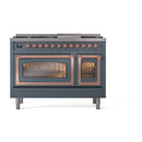 Blue gray freestanding dual-fuel range with copper-trimmed oven doors and control knobs