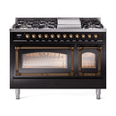 Glossy black dual-fuel range with glass oven windows and both ovens illuminated.