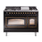 ILVE Nostalgie II Noblesse 48-Inch 5.02 Cu. Ft. Dual Oven Propane Gas Dual Fuel Range with 8 Burners, Griddle and Triple Glass Door in Glossy Black with Burnished Bronze Trim (UN48FNMPBKBLP)