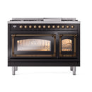 Glossy black dual-fuel range with bronze knobs and two oven doors, front view.