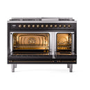 Dual fuel range with both ovens open, bronze-trim doors, and lit interior shelves