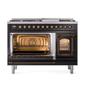 Dual fuel range with one lit oven and bronze-trim glass door
