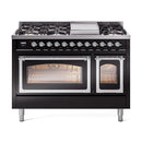 Glossy black ILVE dual fuel freestanding range with chrome trim, dual oven doors closed