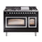 ILVE Nostalgie II Noblesse 48-Inch 5.02 Cu. Ft. Dual Oven Natural Gas Dual Fuel Range with 8 Burners, Griddle and Triple Glass Door in Glossy Black with Chrome Trim (UN48FNMPBKC)
