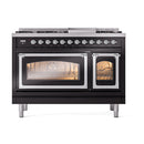 Glossy black dual fuel freestanding range with chrome trim, dual oven windows