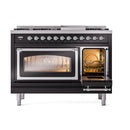 Glossy black dual fuel range with both oven doors open, interior lighting on