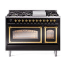 Glossy black freestanding range with brass-trimmed double ovens and lit interior racks