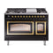 ILVE Nostalgie II Noblesse 48-Inch 5.02 Cu. Ft. Dual Oven Propane Gas Dual Fuel Range with 8 Burners, Griddle and Triple Glass Door in Glossy Black with Brass Trim (UN48FNMPBKGLP)