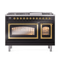 Freestanding dual fuel range in glossy black with brass trim, open front view of ovens