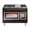 ILVE Nostalgie II Noblesse 48-Inch 5.02 Cu. Ft. Dual Oven Natural Gas Dual Fuel Range with 8 Burners, Griddle and Triple Glass Door in Glossy Black with Copper Trim (UN48FNMPBKP)