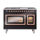 Freestanding dual-fuel gas range, glossy black with copper knobs, two illuminated oven windows