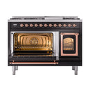 Freestanding dual-fuel gas range, black with copper trim, left oven open and right door closed