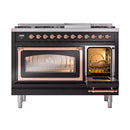 Glossy black dual fuel freestanding range with copper-trim open left oven and closed right oven door