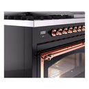 Freestanding dual-fuel range, black body with copper-trim handle and backlit control knobs