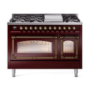 Freestanding dual-fuel range in burgundy with lit oven window and bronze-trimmed control knobs