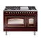 ILVE Nostalgie II Noblesse 48-Inch 5.02 Cu. Ft. Dual Oven Propane Gas Dual Fuel Range with 8 Burners, Griddle and Triple Glass Door in Burgundy with Burnished Bronze Trim (UN48FNMPBUBLP)