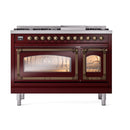 Freestanding dual-fuel range in burgundy with bronze-trimmed knobs and two oven doors
