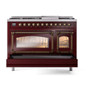 Freestanding dual-fuel range in burgundy with two closed oven doors and bronze accents