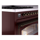 Freestanding dual-fuel range close-up of burgundy control panel with knob row and display