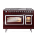 Burgundy dual fuel gas range with two oven doors and lit interior, front chrome trim