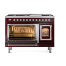 Burgundy dual fuel gas range with left oven open, right oven closed, chrome trim