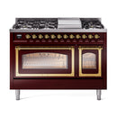 Burgundy freestanding dual fuel range with brass trim, front view with cooktop burners