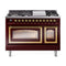 ILVE Nostalgie II Noblesse 48-Inch 5.02 Cu. Ft. Dual Oven Natural Gas Dual Fuel Range with 8 Burners, Griddle and Triple Glass Door in Burgundy with Brass Trim (UN48FNMPBUG)