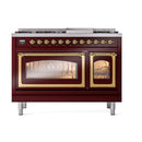 Burgundy freestanding dual fuel range with brass trim, two oven doors and control panel