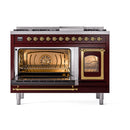 Burgundy freestanding dual fuel range with brass trim, left oven open and right oven open