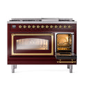 Burgundy freestanding dual fuel range with brass trim, left oven window lit and right oven closed