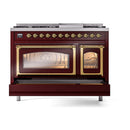 Burgundy freestanding dual fuel range with brass trim, single oven door open with light