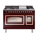 Burgundy freestanding dual fuel range with copper trim, dual ovens, and gas burners
