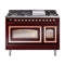 ILVE Nostalgie II Noblesse 48-Inch 5.02 Cu. Ft. Dual Oven Natural Gas Dual Fuel Range with 8 Burners, Griddle and Triple Glass Door in Burgundy with Copper Trim (UN48FNMPBUP)