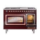 Burgundy dual fuel range with copper trim, both ovens open with lit interiors and racks