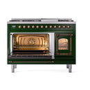 Emerald green dual oven range with bronze control knobs and interior lighting on