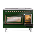 Emerald green dual-fuel range with bronze knobs and lit oven with racks