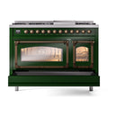 Emerald green freestanding range with bronze trim, two oven windows, and warm bulbs