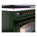 Emerald green range control panel with bronze knobs and small digital display