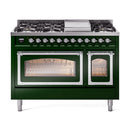 Emerald green dual fuel range with chrome knobs, burners, and two oven windows