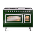 Emerald green dual fuel range front with chrome knobs and burners, both ovens lit