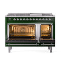 Emerald green dual fuel range with both oven doors open and chrome trim