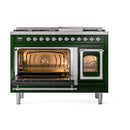 Emerald green freestanding range with one oven open and the other oven door closed