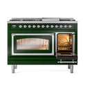 Emerald green freestanding range with large oven open and smaller oven door open