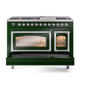 Emerald green dual fuel range with chrome-trimmed oven windows and burners