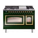 Emerald green dual fuel freestanding range with front ovens open and brass trim