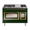 ILVE Nostalgie II Noblesse 48-Inch 5.02 Cu. Ft. Dual Oven Propane Gas Dual Fuel Range with 8 Burners, Griddle and Triple Glass Door in Emerald Green with Brass Trim (UN48FNMPEGGLP)