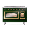 Emerald green freestanding range with brass control panel and two oven windows, open styling